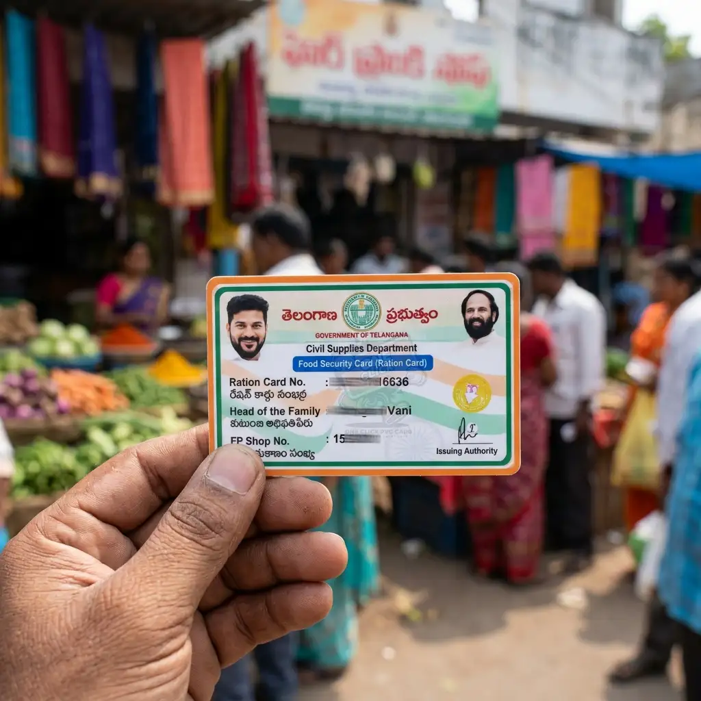 A person's hand holding a Telangana Food Security Card in a vibrant outdoor market setting with a blurred background.