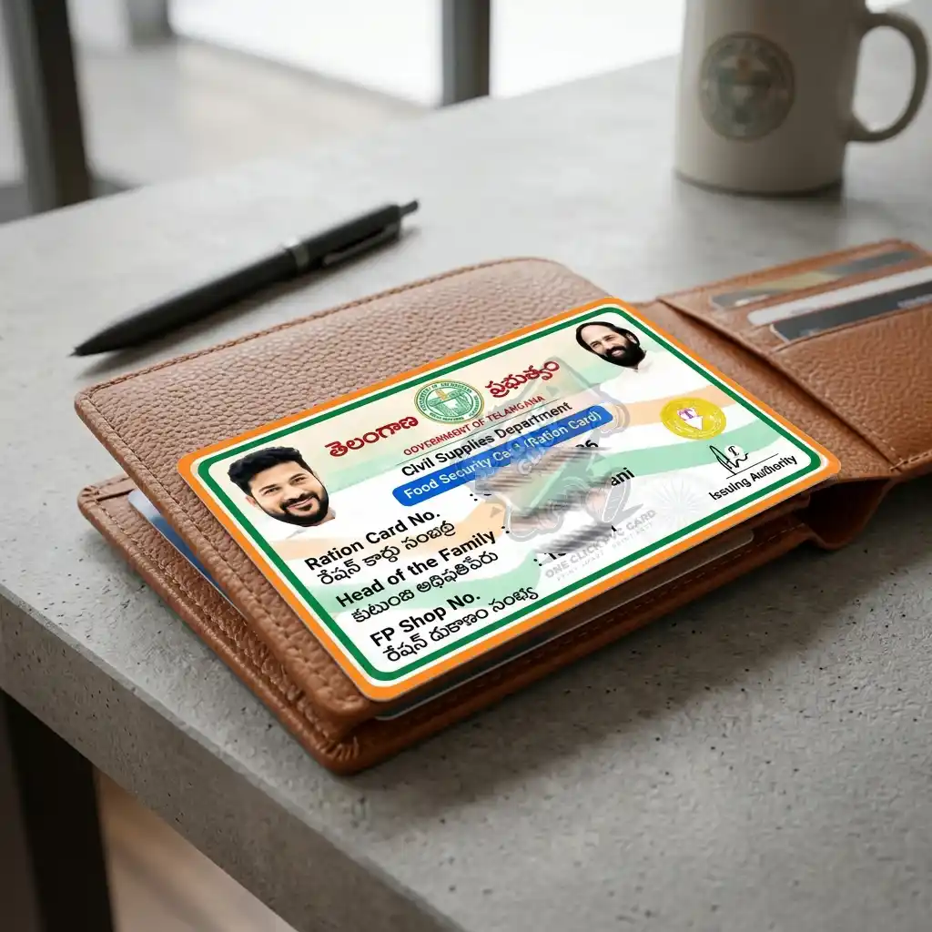 A close-up of a Telangana Food Security Card partially sticking out of a stylish brown leather wallet resting on a modern desk.