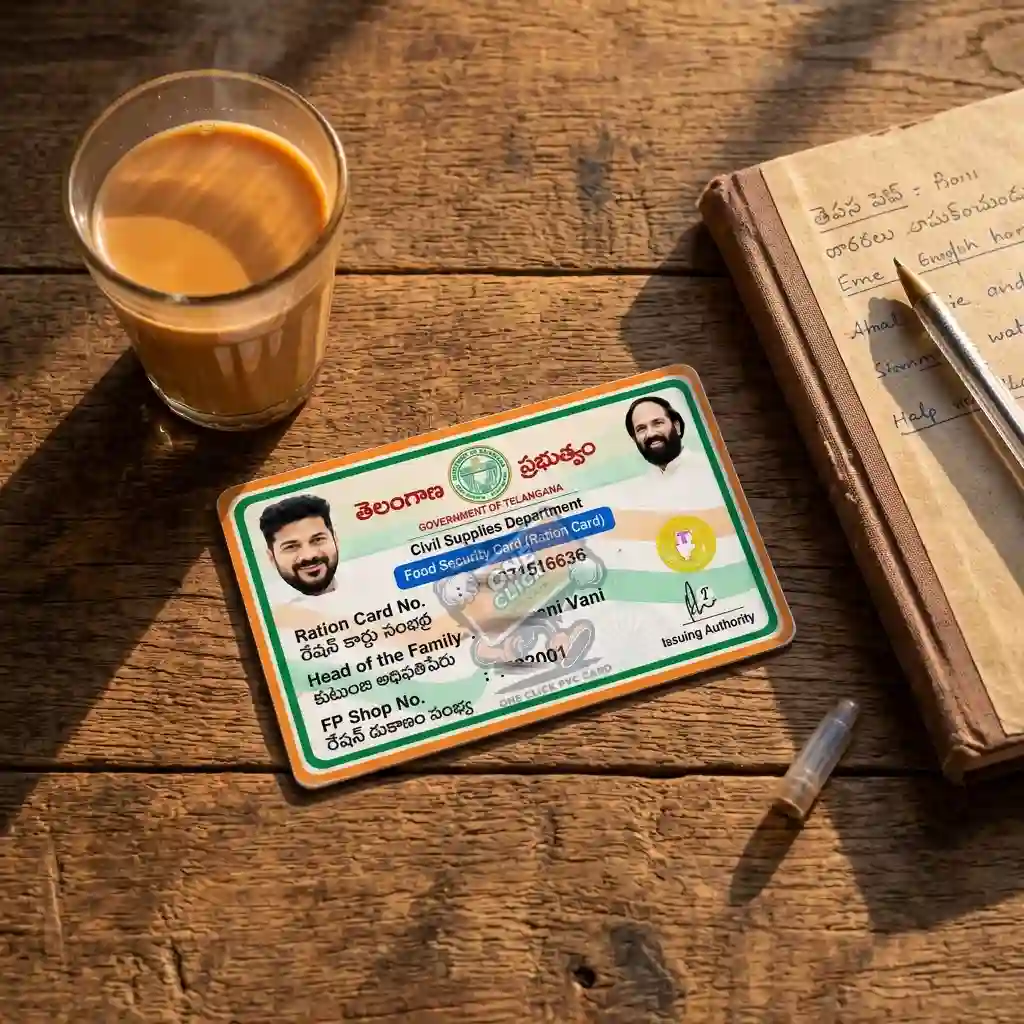 A Telangana Food Security Card resting on a rustic wooden table next to a glass of chai tea and a notebook with warm natural lighting.