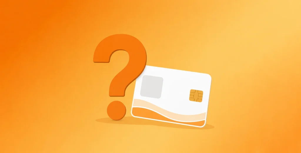 Flat, minimal illustration style graphic of a question mark next to a stylized PVC card icon