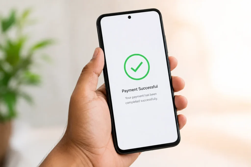 Smartphone showing successful payment confirmation for PVC card order