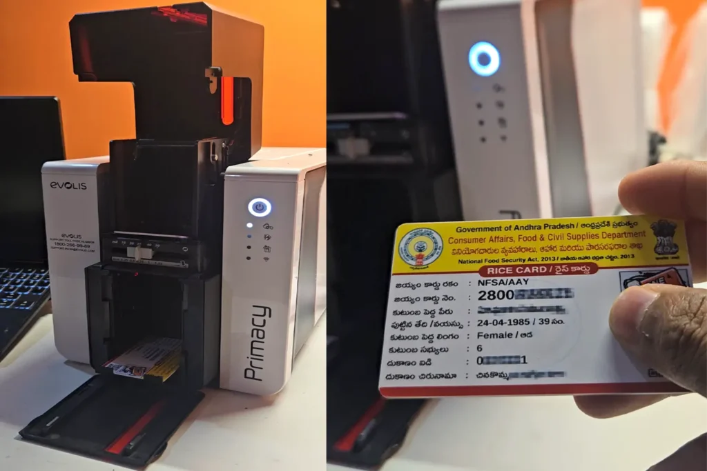 EVOLIS PRIMACY PVC card printer printing a ration card and showing its quality 