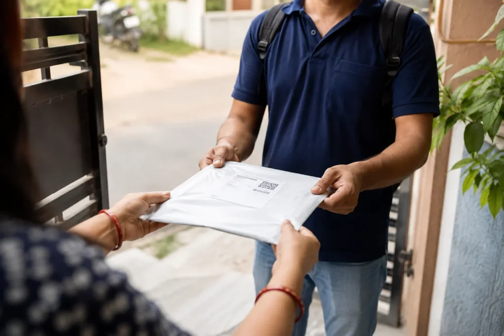 Courier handing a PVC card parcel to a customer at an Indian doorstep
